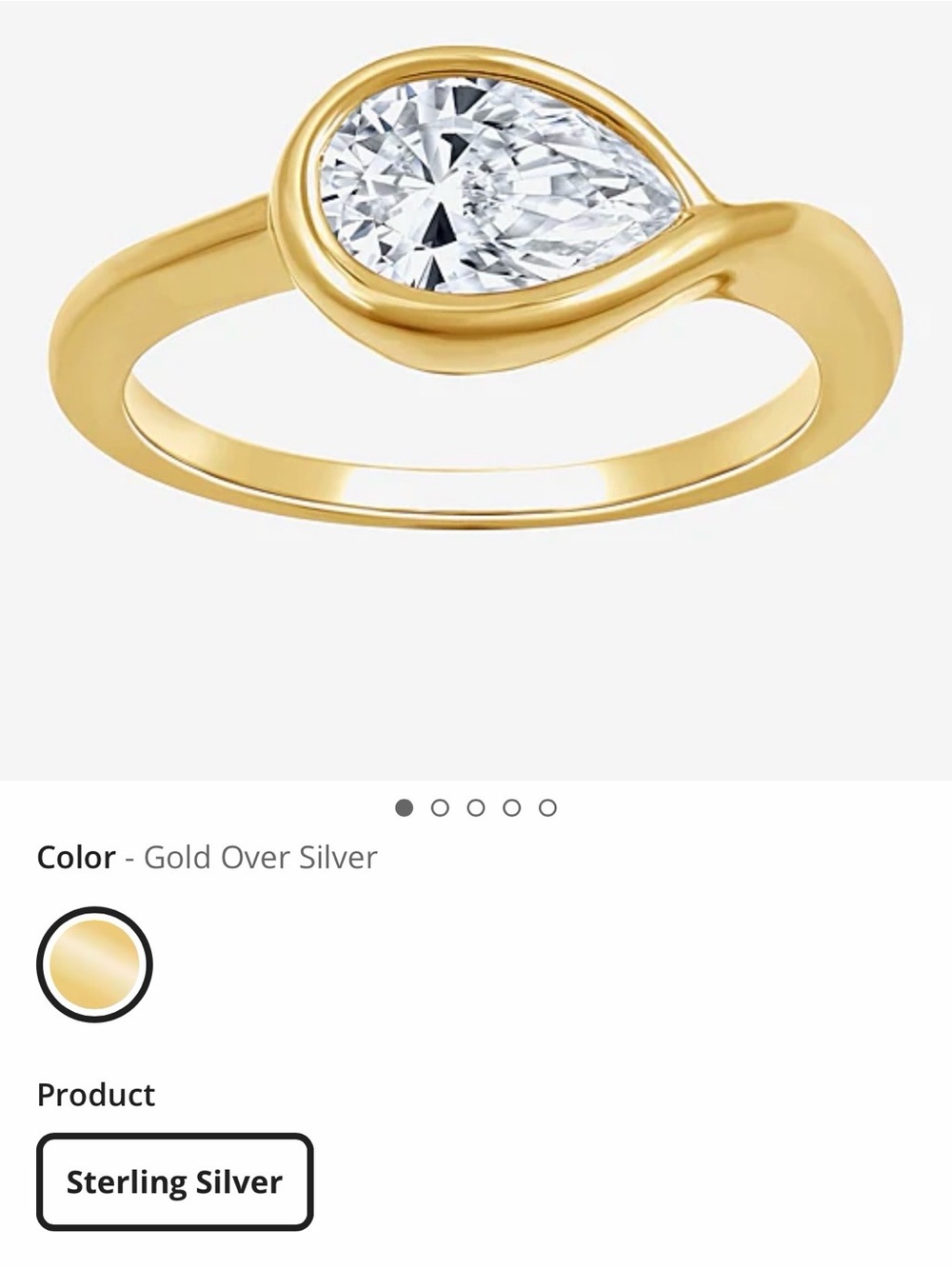 Gold over Silver Teardrop Ring with Pear-Cut Stone, 1c. *NEW*